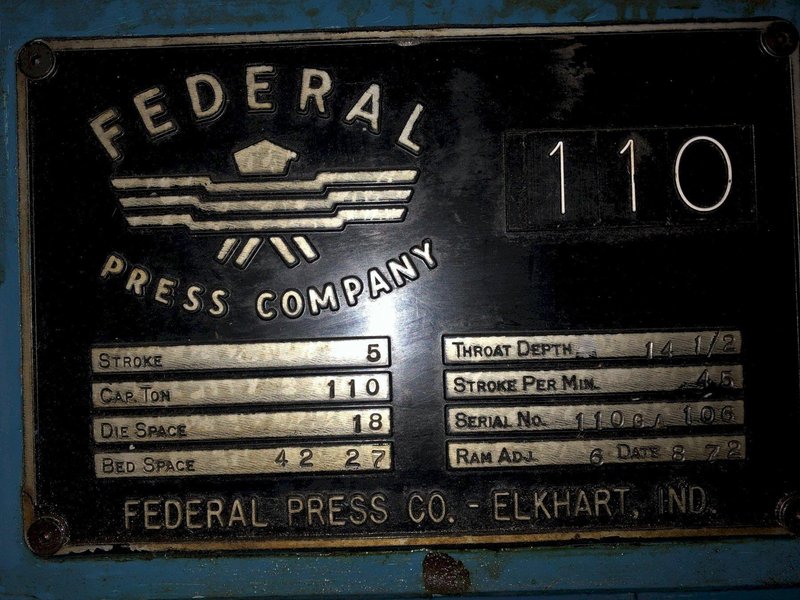 110 TON FEDERAL OBI BACK GEARED STAMPING PRESS, 5&quot; STROKE: STOCK 16271