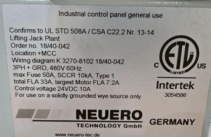NEUERO CONTROL PANEL FOR LITING JACKS PANEL USED