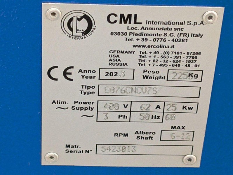2023 3&quot; ERCOLINA EB76CNC V76 CNC TUBE BENDER, 440-480V, 3PH, 50-60HZ; W/ CONTROLLER; W/ TOOLING: STOCK #23611