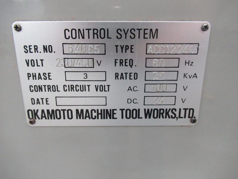 Okamoto ACC-12.24 DX Automatic Surface Grinder, 12"x 24", Incremental Downfeed, Over Wheel Dresser,  Coolant