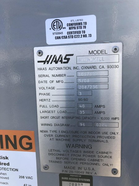 HAAS Super Mini Mill 2008 Probe Tool Pre-setter Chip Auger Low Hours, Top Cover