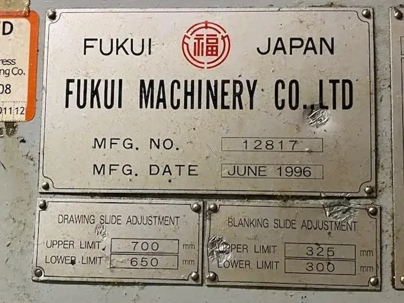 USED FUKUI 1,100 TON STRAIGHT SIDE TRANSFER PRESS MODEL TTD1100T2, Year: 1996