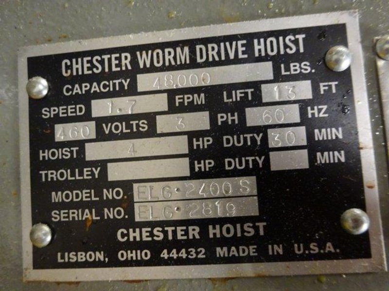 24 TON (48,000 LBS) CHESTER LOW HEADROOM ELECTRIC CHAIN HOIST: STOCK #10210