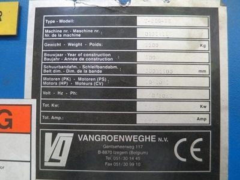VANGROENWEGHE TURBOGRINDER TYPE T-300-2K BELT GRINDING MACHINE