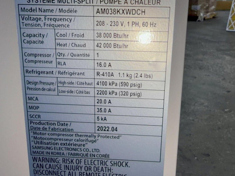 SAMSUNG 38000/42000 BTU MULTI SPLIT SYSTEM/HEAT PUMP  -  AM038KXWCH