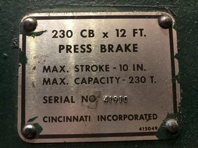 230 TON X 14' CINCINNATI MODEL #230CBX12 HYDRAULIC PRESS BRAKE