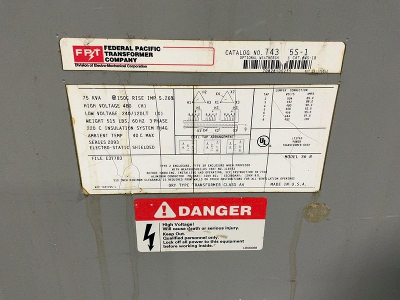 FEDERAL PACIFIC 75 KVA TRANSFOMER  -  T43T75S-1
