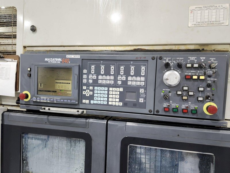 Mazak Multiplex 6200 Twin Spindle Lathe, Mazatrol 640 Ctrl., Mazak Fles GL100F Loader, 12 Pos. x2 Turret, 25HP, New 2000 (Avail. 8-25)