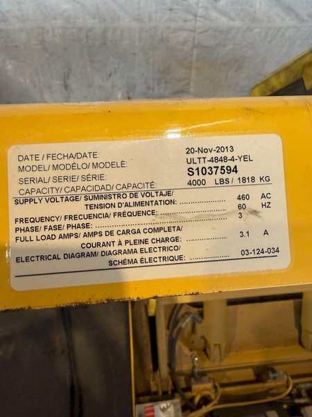 4,000 LB VESTIL HYDRAULIC TILT TABLE. STOCK # 1000725.