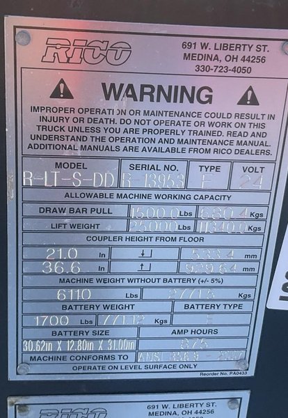 25,000 LBS RICO MODEL #R-LT-S-DD 24 VOLT ELECTRIC WALKIE-RIDE TOW LIFT TUGGER WITH PINTLE HITCH: YOBRO #25210