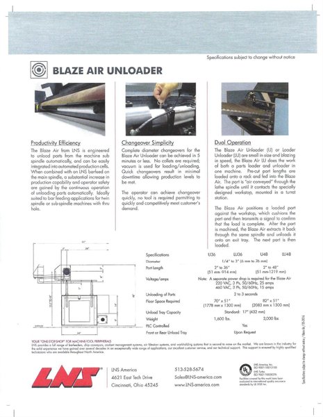 LNS Blaze 6104-U48 Automatic Parts Unloader, S/N 6104-114-48.