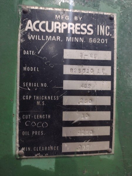 10&#039; X 1/4&quot; ACCURPRESS MODEL #825010 LP HYDRAULIC SHEAR: YOBRO #24451