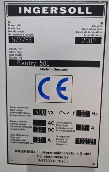 INGERSOL GANTRY 500 EDM SINKER USED