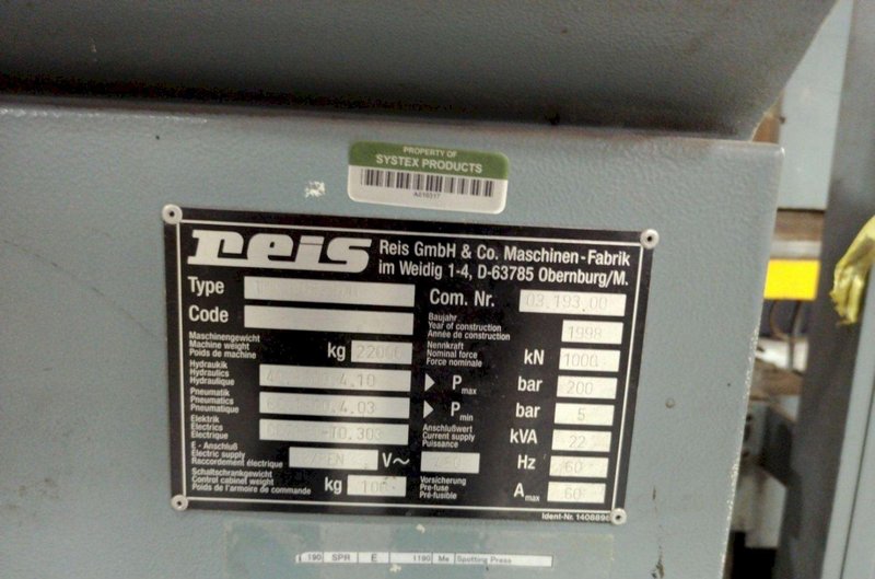 100 TON REIS MODEL #TUS 160 HYDRAULIC MOLD SPOTTING AND TRYOUT PRESS: STOCK 24186