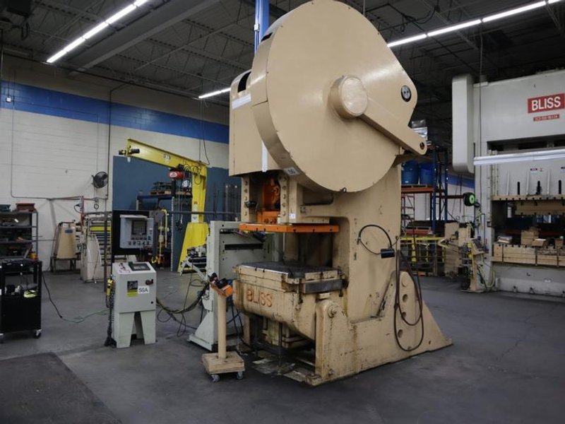 Bliss #29 150 Ton OBI Back Geared Punch Press, Single Crank,  Air Clutch and Brake, Rowe 24" Press Feed