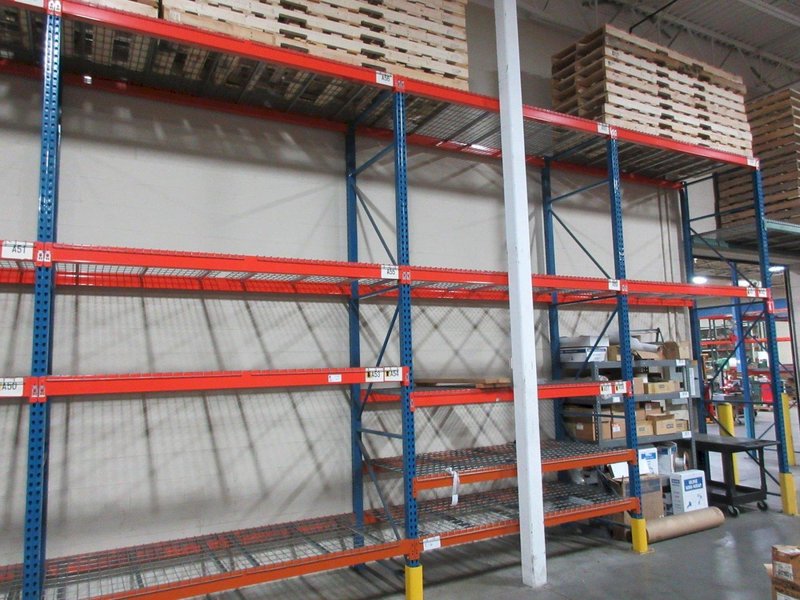Pallet Racking, Teardrop Style (12) 14'x42" Uprights, (70) 8' Cross Members, Wire Decking, *No Contents*- Auction Item
