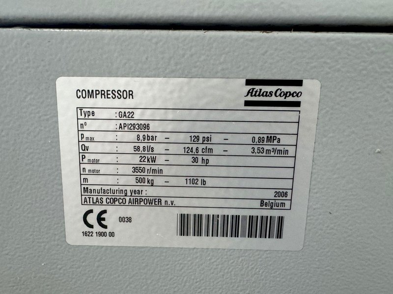 30 HP ATLAS-COPCO GA22 FF ROTARY SCREW AIR COMPRESSOR. STOCK # 0894524