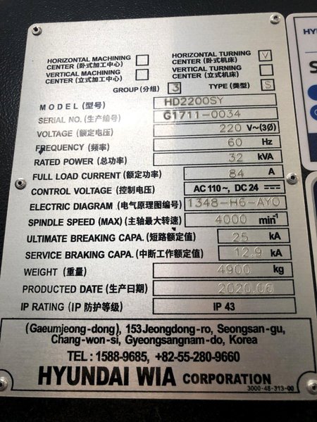 Hyundai Wia HD2200SY CNC Multi Axis CNC Turning Center Delivered New 2020 Fanuc  i Series Control, Chip Conveyor, Auto parts catcher, Y-axis with 4.3&quot; stroke, Sub Spindle, 12 station turret, Full contouring C-axis