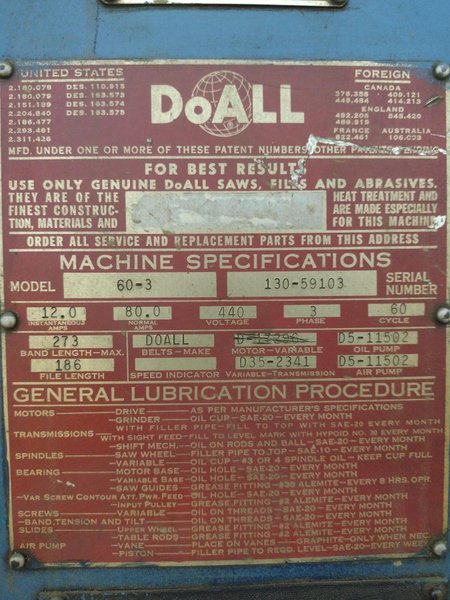 60&quot; DOALL MODEL #60-3 DEEP THROAT VERTICAL CONTOUR BANDSAW: STOCK #23680
