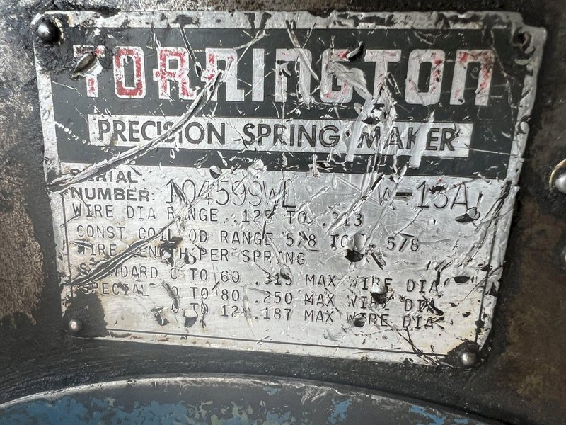 .313&quot; X 4.63&quot; TORRINGTON MODEL #W13A WIRE SPRING COILER / COIL MAKING MACHINE: STOCK #18807