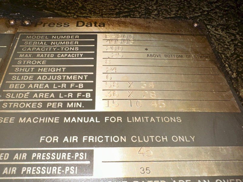 200 TON NIAGARA MODEL #E-200 OBI PUNCH PRESS 8" STROKE :  YOBRO #26140