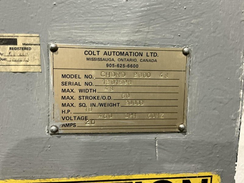 20,000 LB X 48" COLT CHD-DR2000 DOUBLE END UNCOILER WITH ROWE COIL CAR. STOCK # 0217826