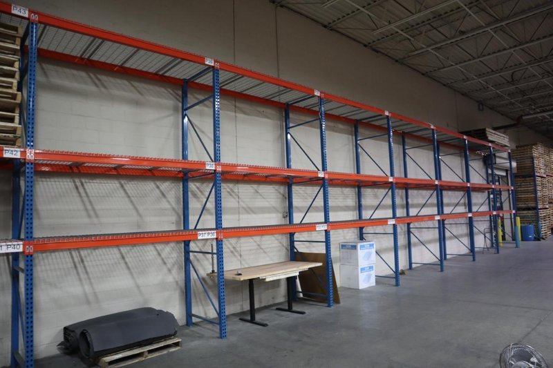 Pallet Racking: (10) 14'H x 42" Uprights, Teardrop Style, (27) 8' Shelves, Wire Decking - NO CONTENTS- Auction Item