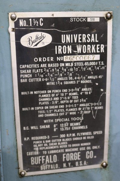 5&#039; X 5&#039; X 1/2&#039;  BUFFALO MODEL #1-1/2C IRONWORKER: STOCK #72338
