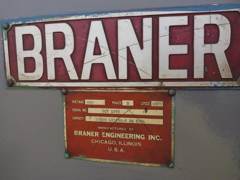 20,000 LBS X 54" X 36" BRANER HYDRAULIC COIL CAR UPENDER WITH POWER FEED CONVEYOR: YOBRO #25238