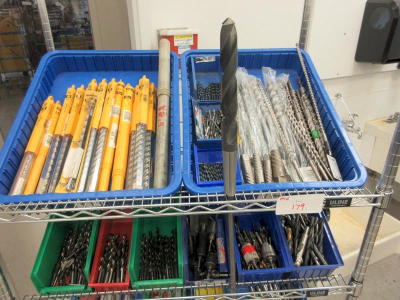 Drills, Large Assortment including, Hammer Drills, Reamers, Counter Sinks Taps On MORE on Uline 4-Shelf 36" x 24" x 78" Metal Wire Rolling Cart- Auction Item