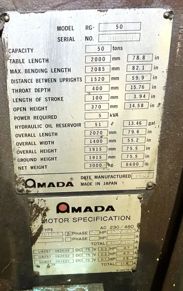 50 TON AMADA RG50 CNC HYDRAULIC PRESS BRAKE: YOBRO #24848