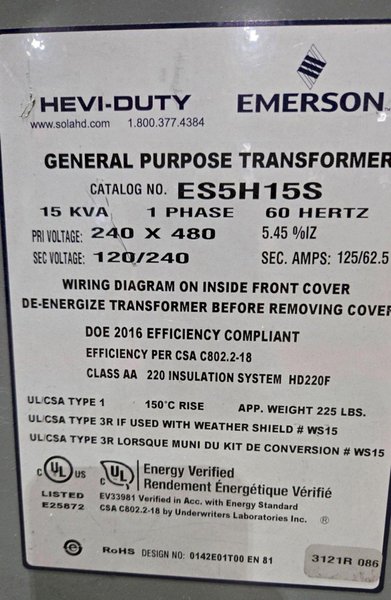 EMERSON ES5H15S 240X480V 15KVA TRANSFORMER USED