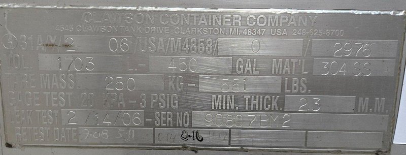 CLAWSON 450 GALLON STAINLESS STEEL IBC TANK USED