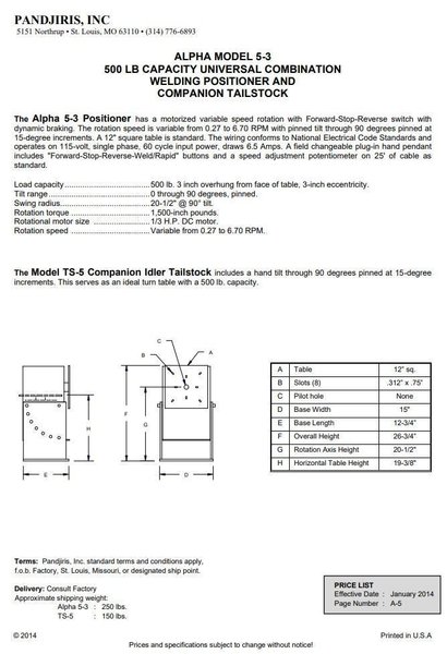 500 LB PANDJIRIS MODEL ALPHA 5-3 WELDING POSITIONER, 115 VOLT: STOCK #23359