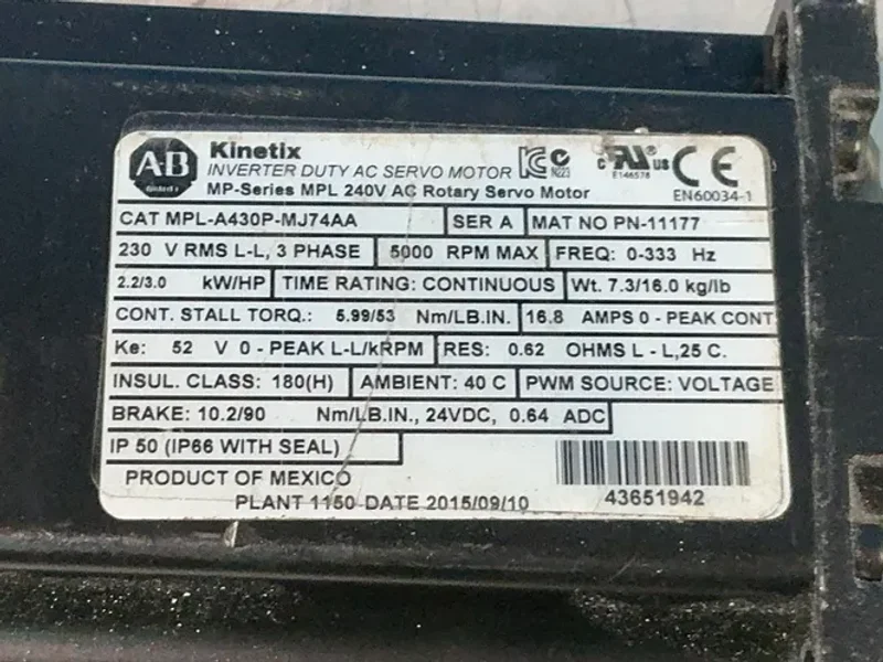 ALLEN BRADLEY 3 HP SERIES A KINETIX INVERTER DUTY AC SERVO MOTOR   -  MPL-A430P-MJ474AA