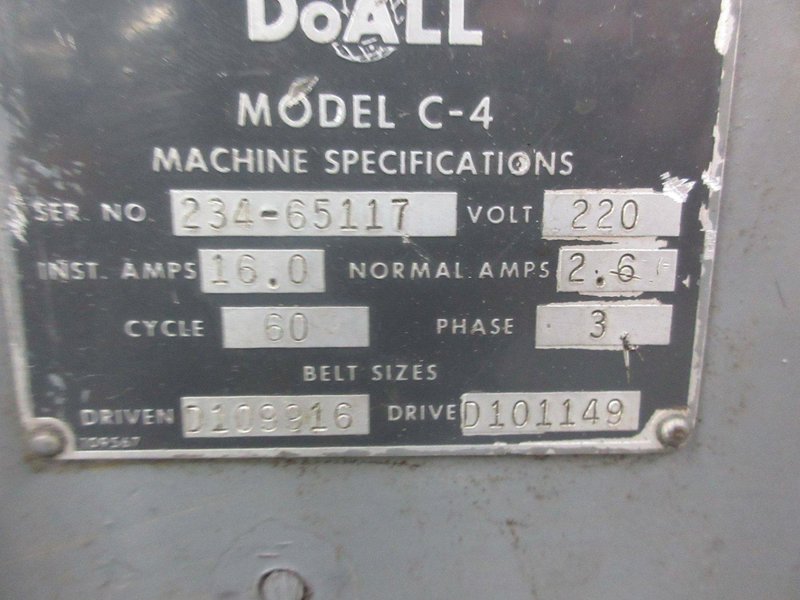 DoAll Model C-4 Horizontal Band Saw, 9&quot; Round Cap, 12&quot; Flat Capacity, 4 Speeds 65-180 FPM- Auction Item