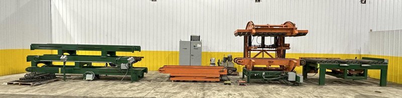 SWEED LOAD CLAMP &amp; TURNER / PACMAN FLIPPER SYSTEM WITH POWERED INFEED &amp; OUTFEED CONVEYORS: STOCK #22075