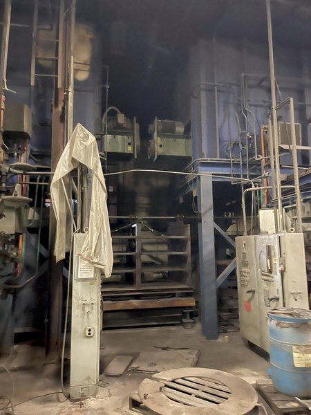 2- 1997 CEC drop bottom heat treat furnaces s/n 2636 and 2650 with common traveling quench tank, 2- drop bottom furnaces, controls, work area is 68" x 120" x 84" high, 100" quench tank, 5,000# capacity, 10 second quench, gas fired