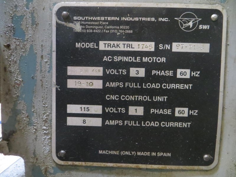 Southwest Industries Trak TRL 1745P CNC Engine Lathe- Auction Item