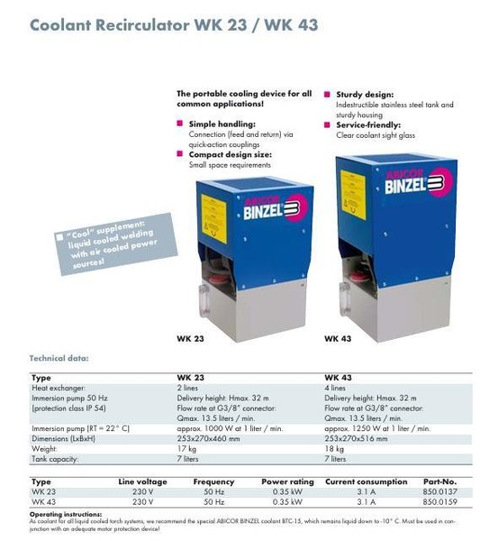 ABICOR BINZEL WK 23 7L Coolant Recirculator USED