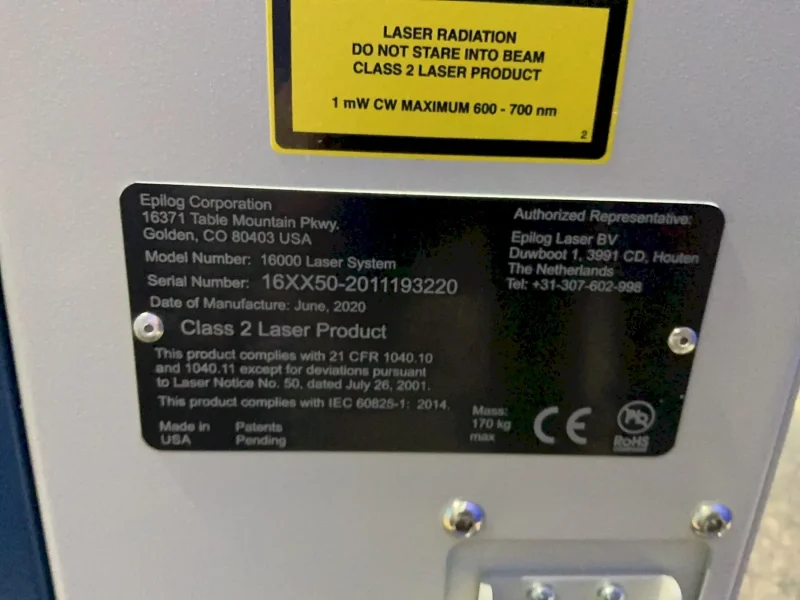 EPILOG CORP 20” X 32” LASER ENGRAVER/CUTTER  -  16000 LASER SYSTEM