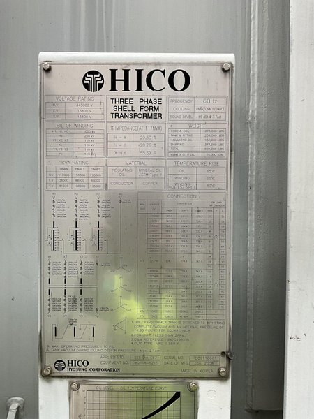 #3 cranker (not available now) HICO Three Phase Shell Form Transformer, Rated Capacity  81000/108000/135000 KVA, 345000 HV, 13800 XV, 13800 LV, Class ONAN/ONAF1/ONAF2