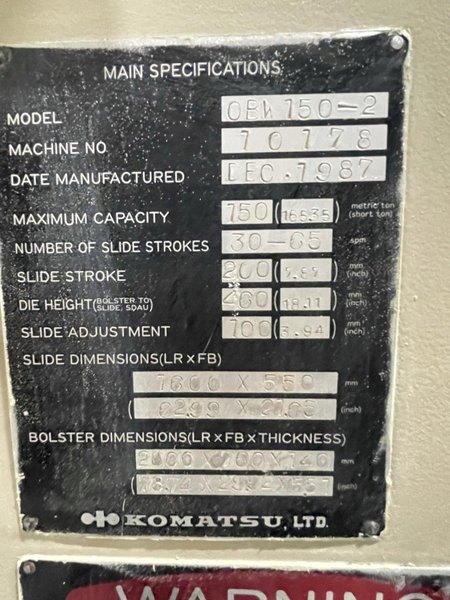 150 ton Komatsu Double Crank Used Mechanical Metal Stamping Press For Sale Model OBW150-2, Year 1987