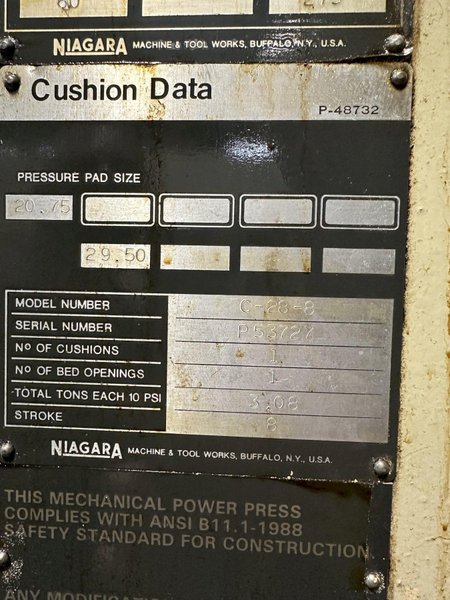 250 Ton NIAGARA E-250 OBS / Gap Frame Used Mechanical Metal Stamping Press For Sale, Under Power!