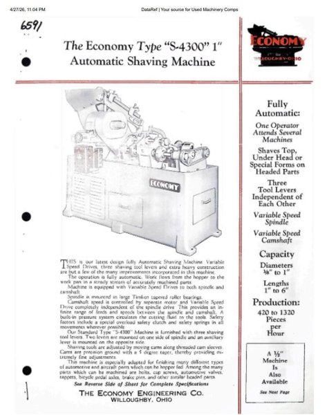 1" ECONOMY MODEL S-4300 LATHE-STYLE AUTOMATIC METAL SHAVING MACHINE: YOBRO #24561