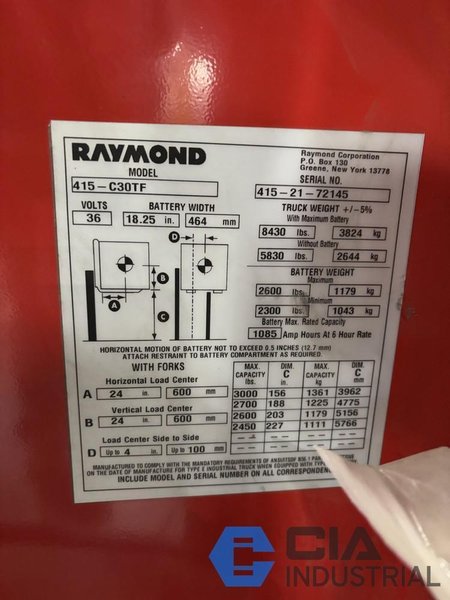 2021 - 3,000 LB. RAYMOND MODEL 415-C30TF STAND-UP ELECTRIC FORKLIFT