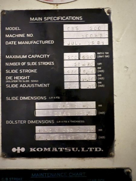 220 TON KOMATSU OBS-220 GAP FRAME PRESS. STOCK # 0882425
