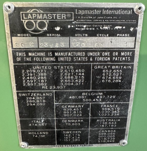 20" Lapmaster Lapping Machine No. 20G, (3) Rings, Open Face, Bench Model