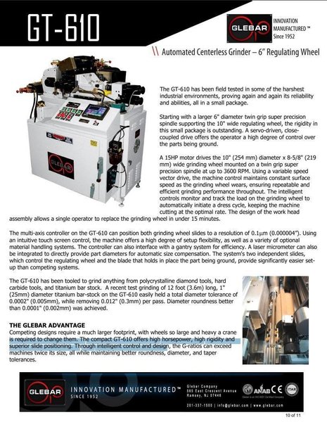 Glebar GT-610 Infeed/Thrufeed Centerless Grinder, 2022- Feedall Feed System, Open to Offers!