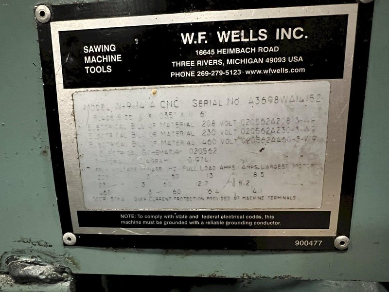 9 x 14 WF WELLS TWIN COLUMN AUTOMATIC HORIZONTAL BANDSAW, MODEL W-9-14A,